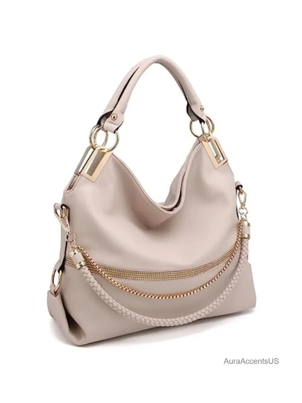 Vegan Leather Hobo Bag with Rhinestone Accents Tote Purse Shoulder Handbag